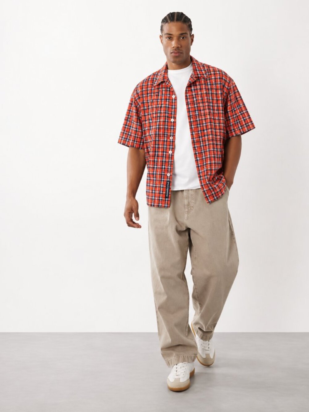 Abercrombie & Fitch Men's Plaid Short Sleeve Cotton Shirt Orange Navy M